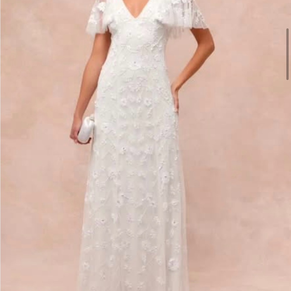 Lulu's Safiya White Sequin Flutter Sleeve Dress (bridal/wedding)